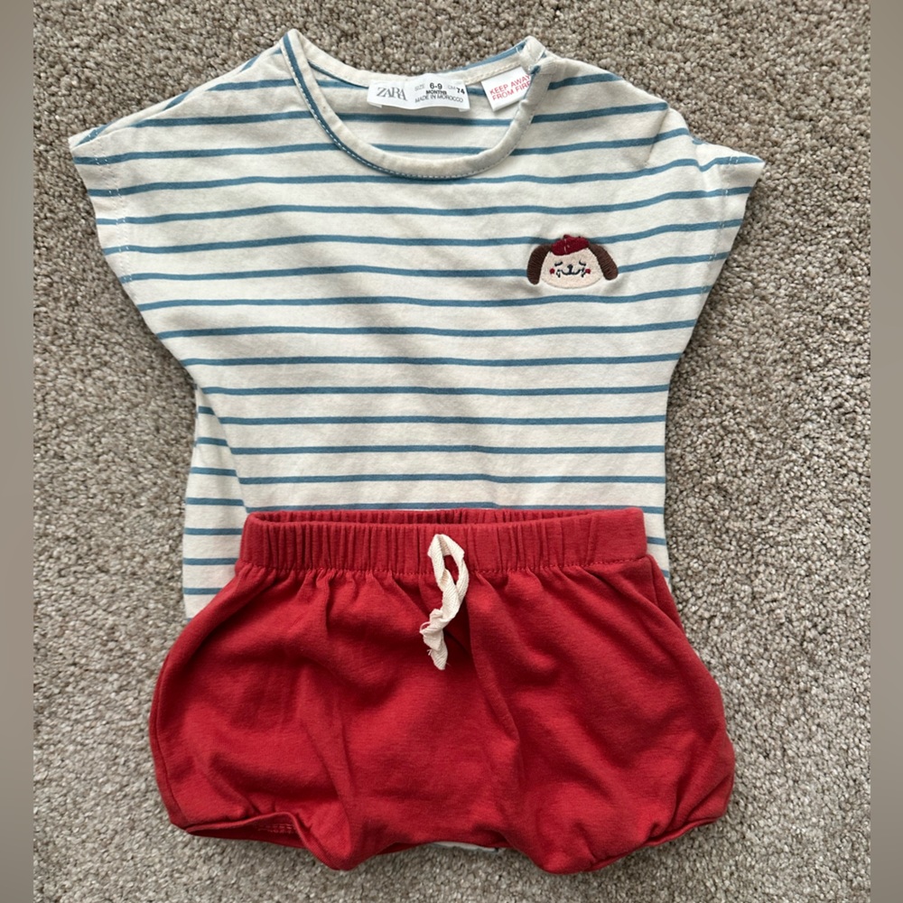 Zara Blue and White Striped Onesie with Red Bloomer shorts